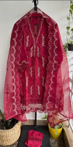 Pakistani Original Hayat's Luxury Organza Stitched 3Pcs_ Maroon 